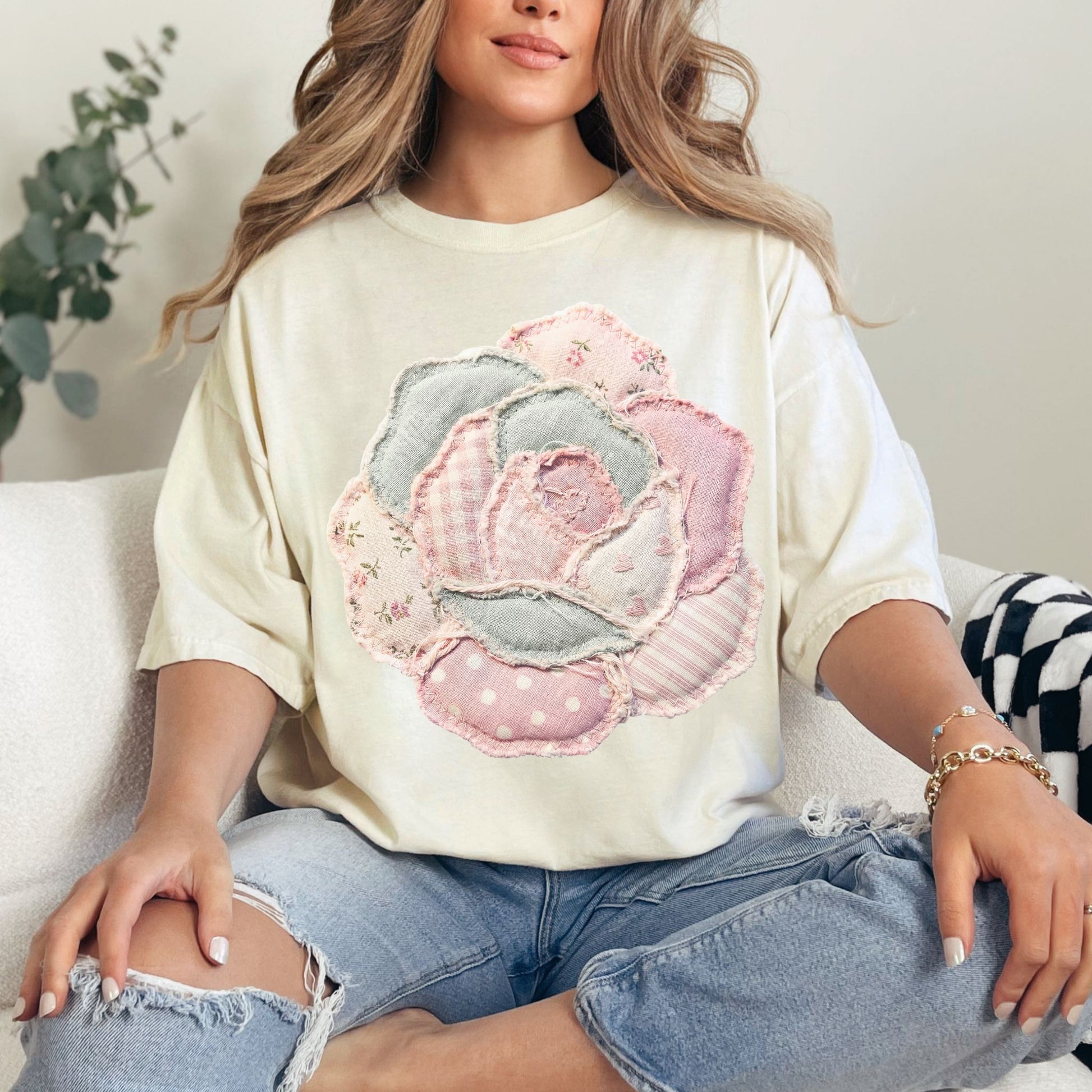 "Faux Patchwork Rose" graphic on soft off-white (ivory) T-Shirt.