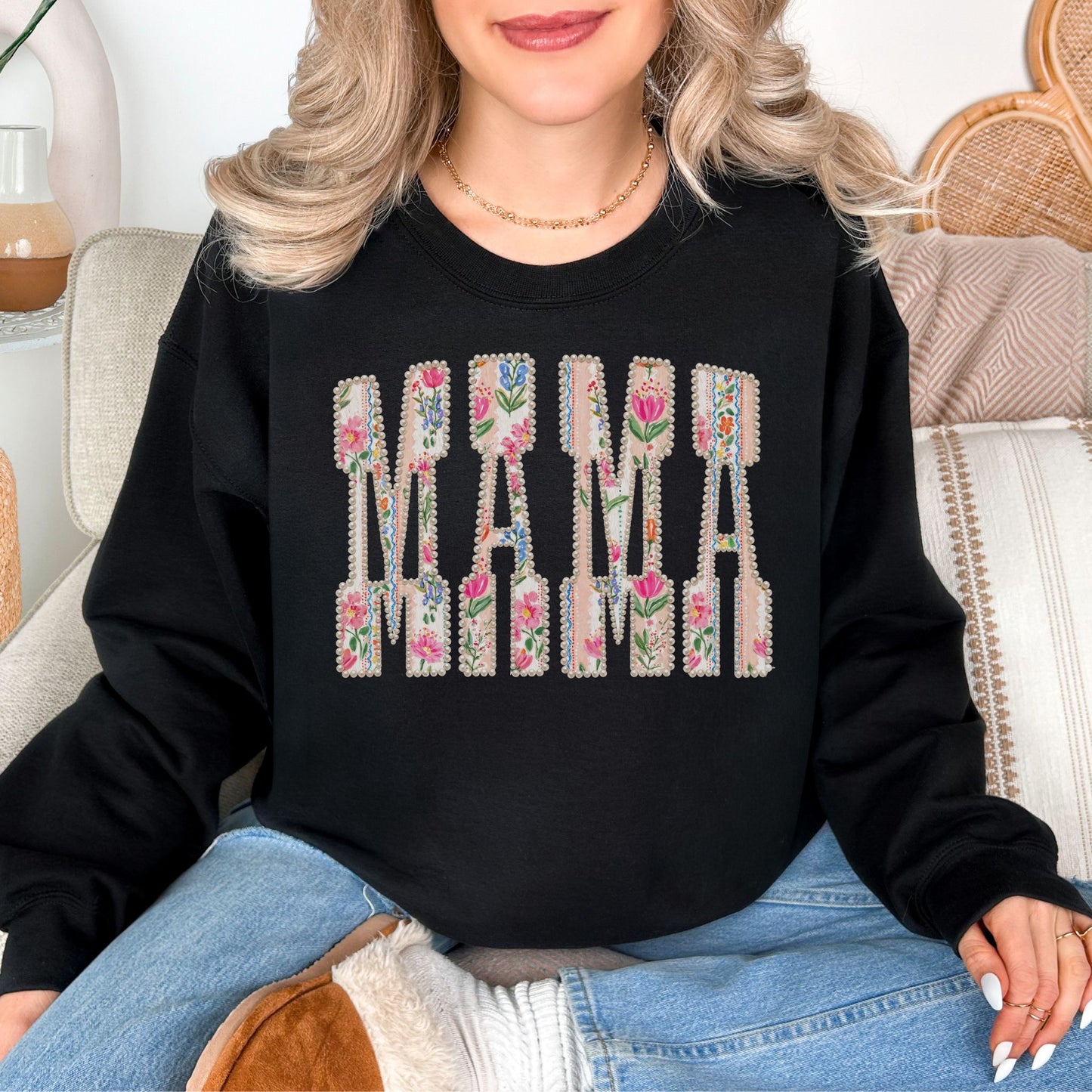 Floral Mama Pearl Lettering Sweatshirt