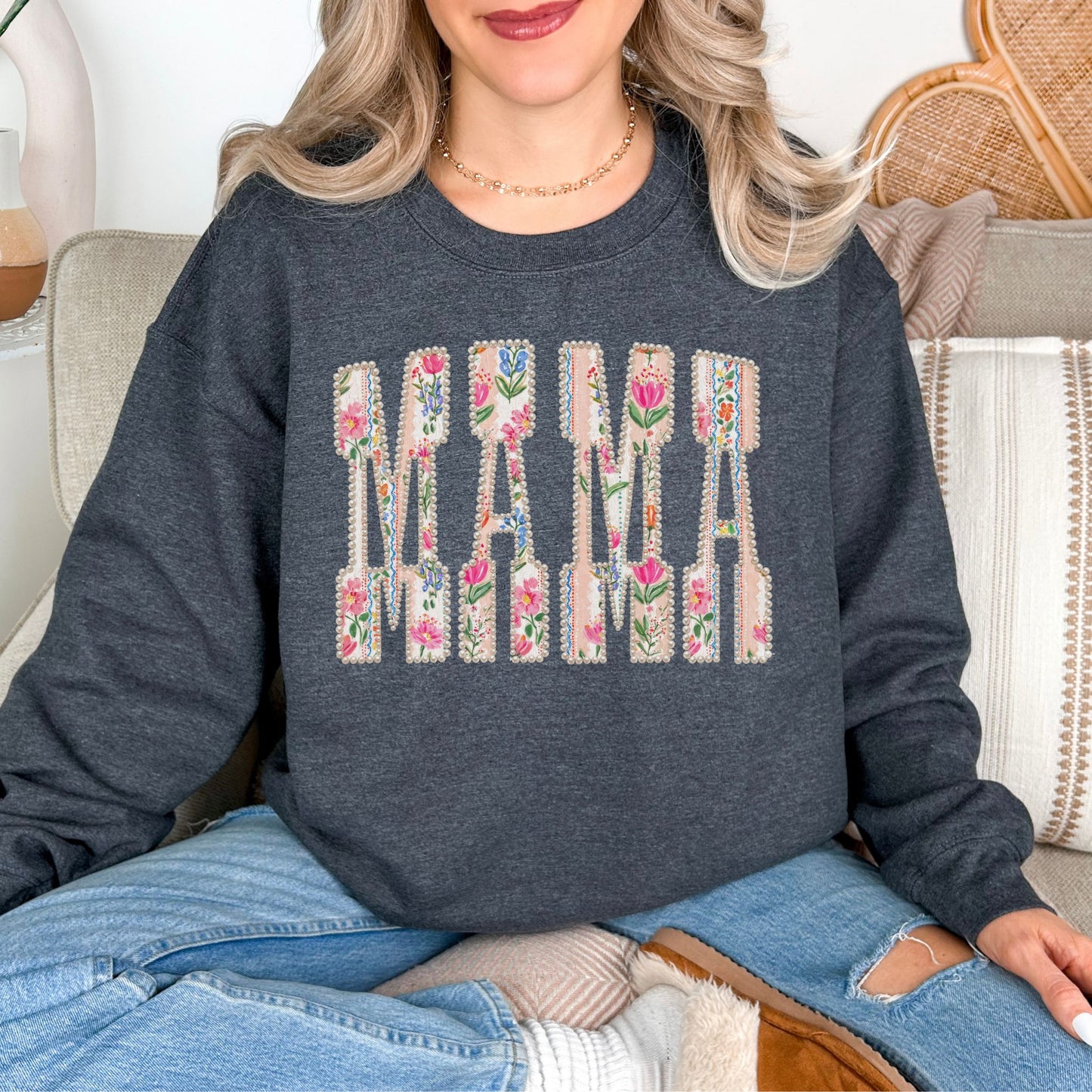 Floral Mama Pearl Lettering Sweatshirt