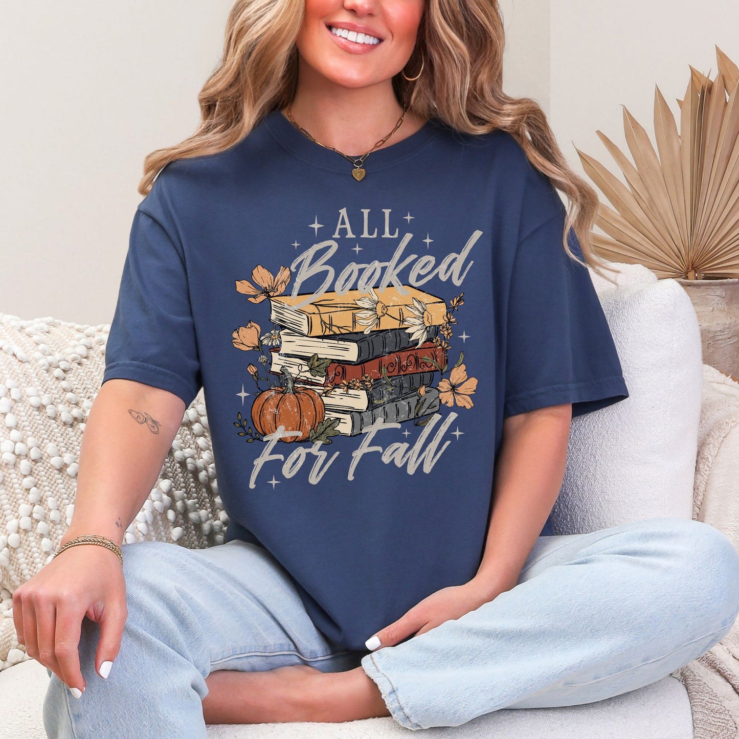 "All Booked for Fall" graphic on deep navy blue (navy) Comfort Colors 1717 T-Shirt. 