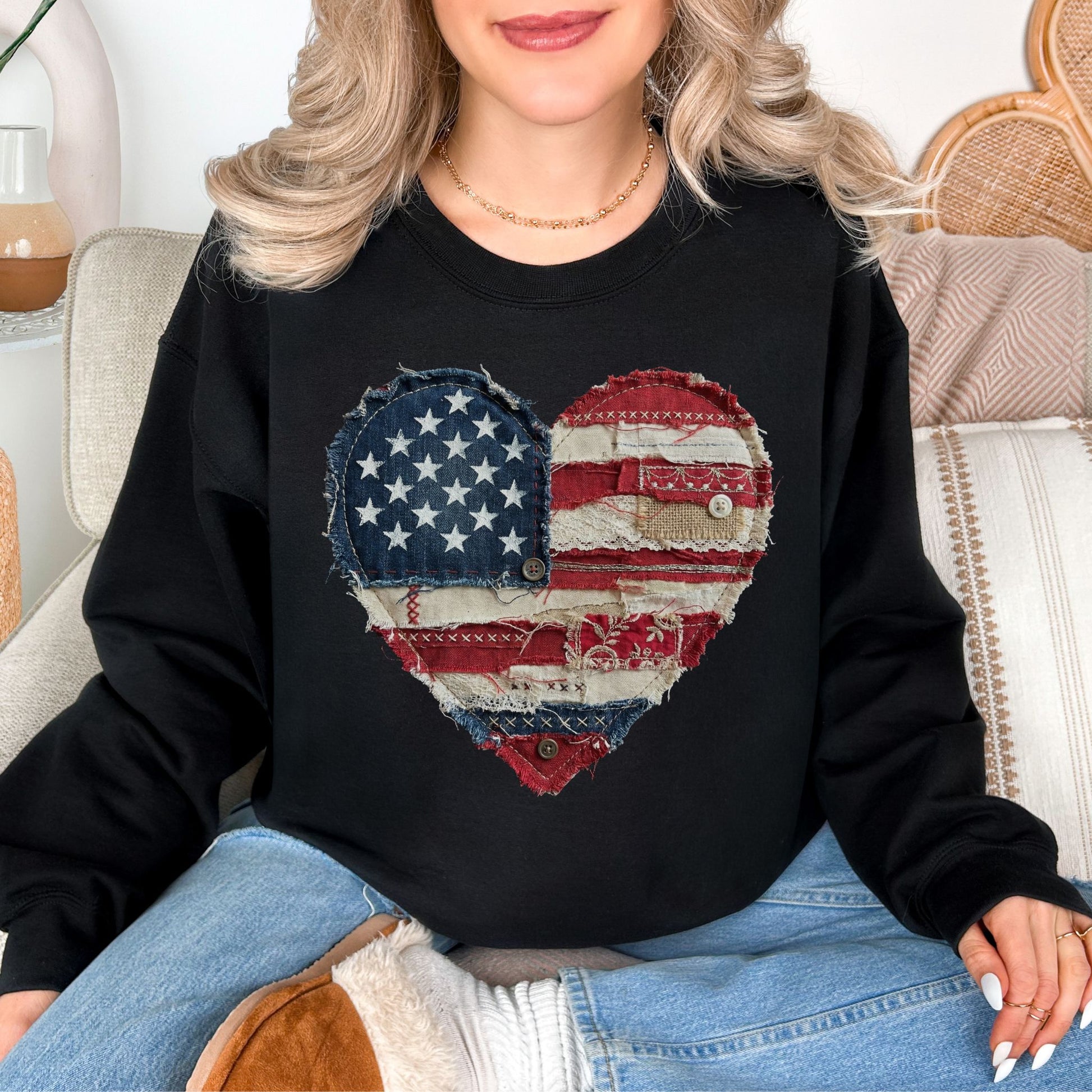 Model is wearing "American Heart Flag Faux Patchwork" graphic on very black (black) sweatshirt.