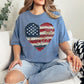 Model is wearing "American Heart Flag Faux Patchwork" graphic on muted denim blue (blue jean) T-Shirt.