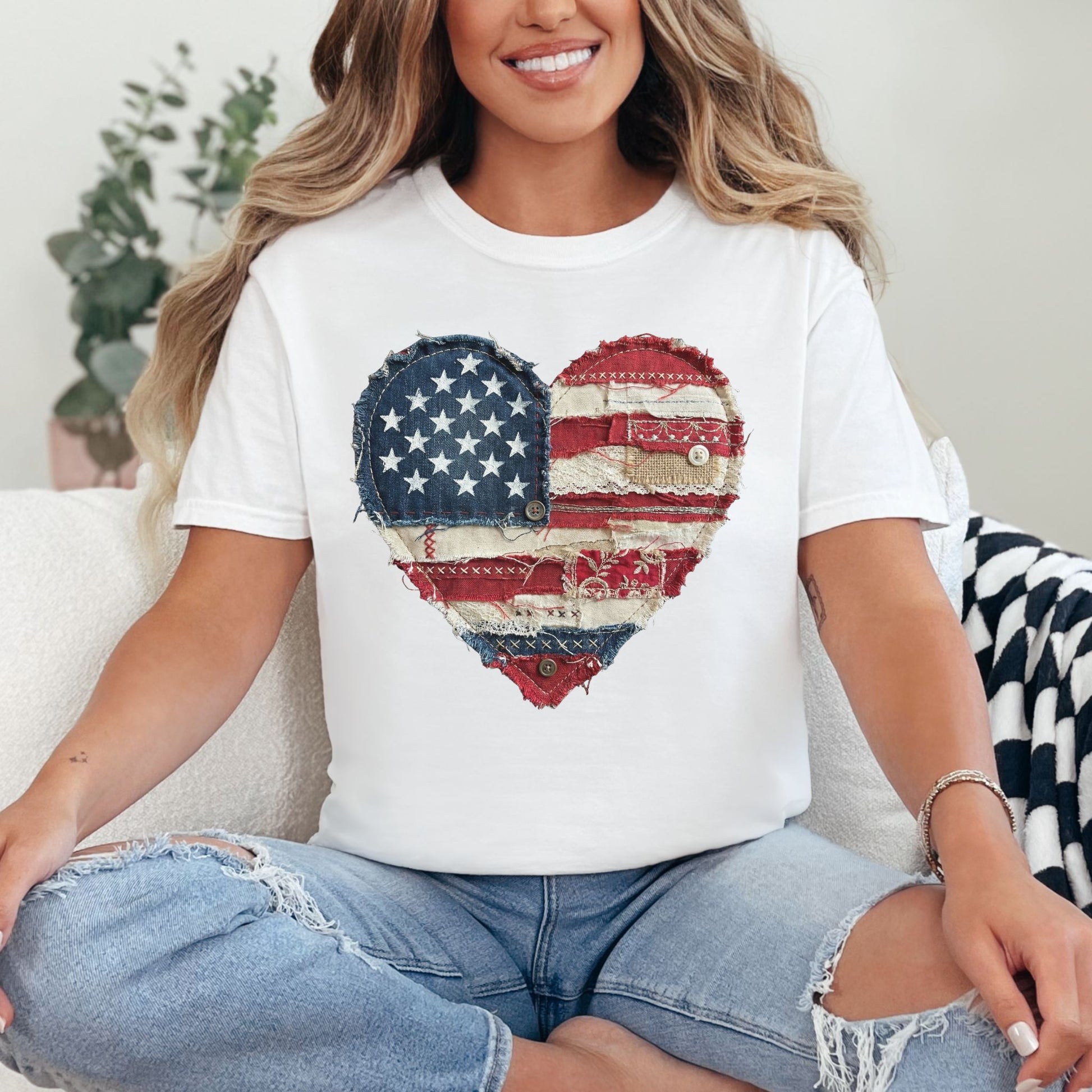 Model is wearing "American Heart Flag Faux Patchwork" graphic on a white T-Shirt.
