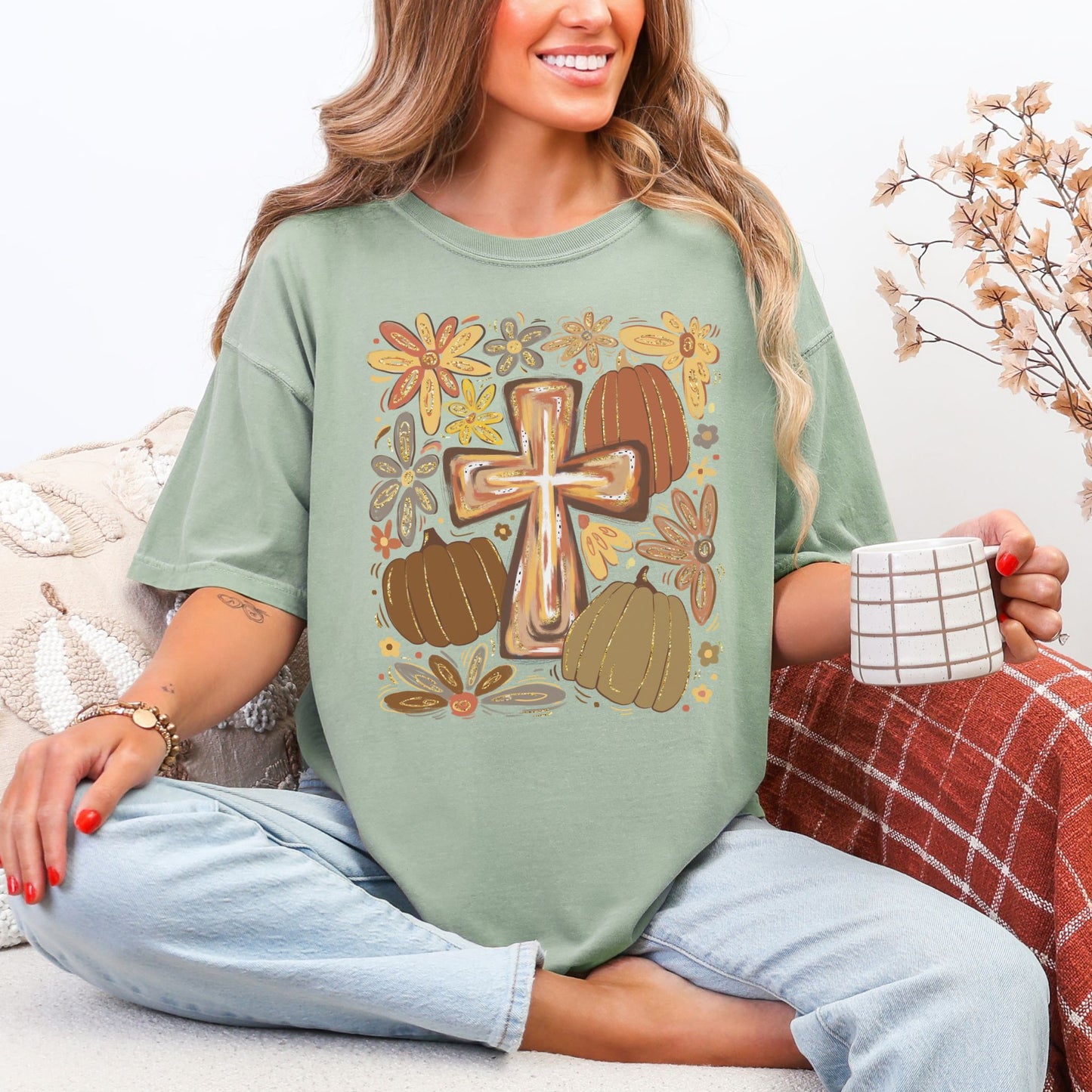 "Autumn pumpkin floral cross" graphic on muted teal-green (bay) Comfort colors 1717 T-shirt.
