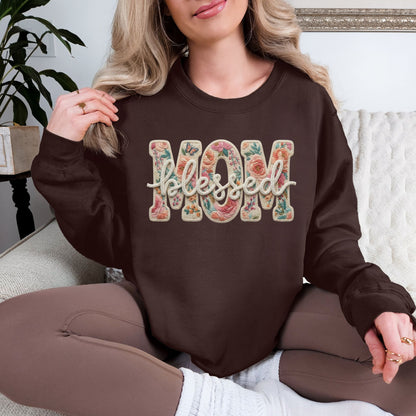“Blessed Mom" graphic on deep brown (dark chocolate) sweatshirt.