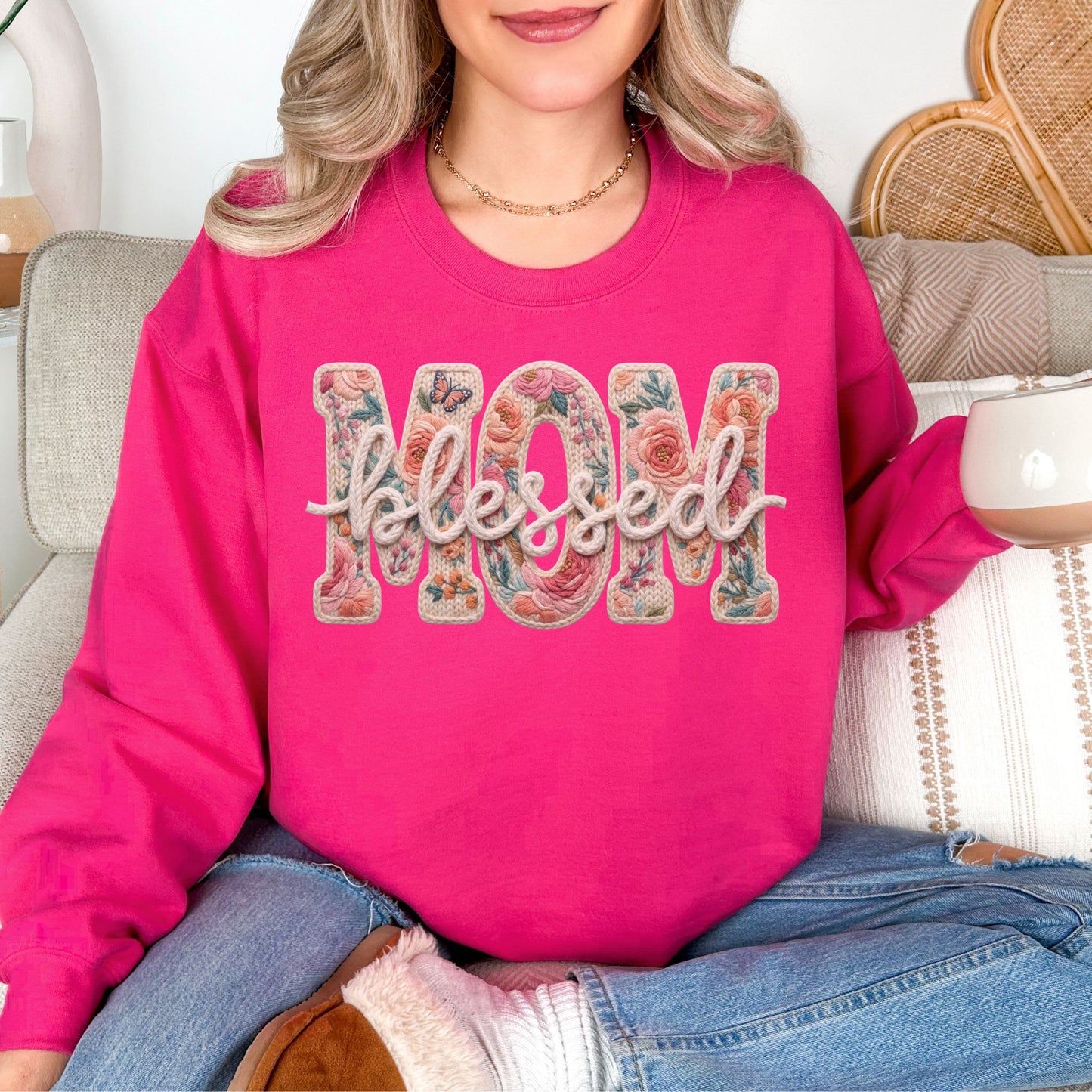 “Blessed Mom" graphic on bright pink (heliconia) sweatshirt.
