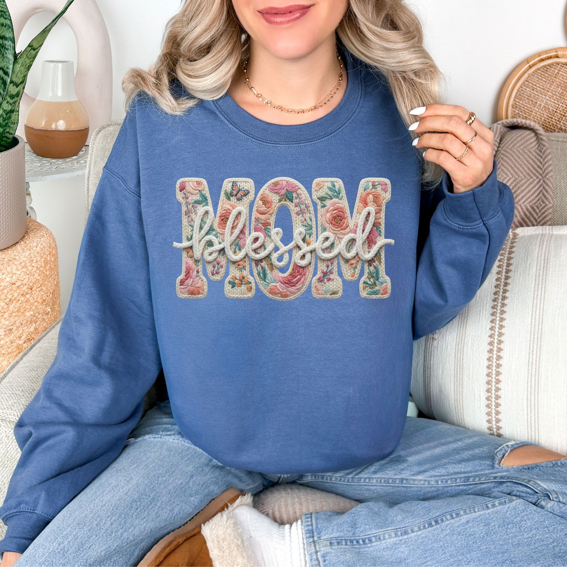 “Blessed Mom" graphic on deep muted blue (indigo blue) sweatshirt.