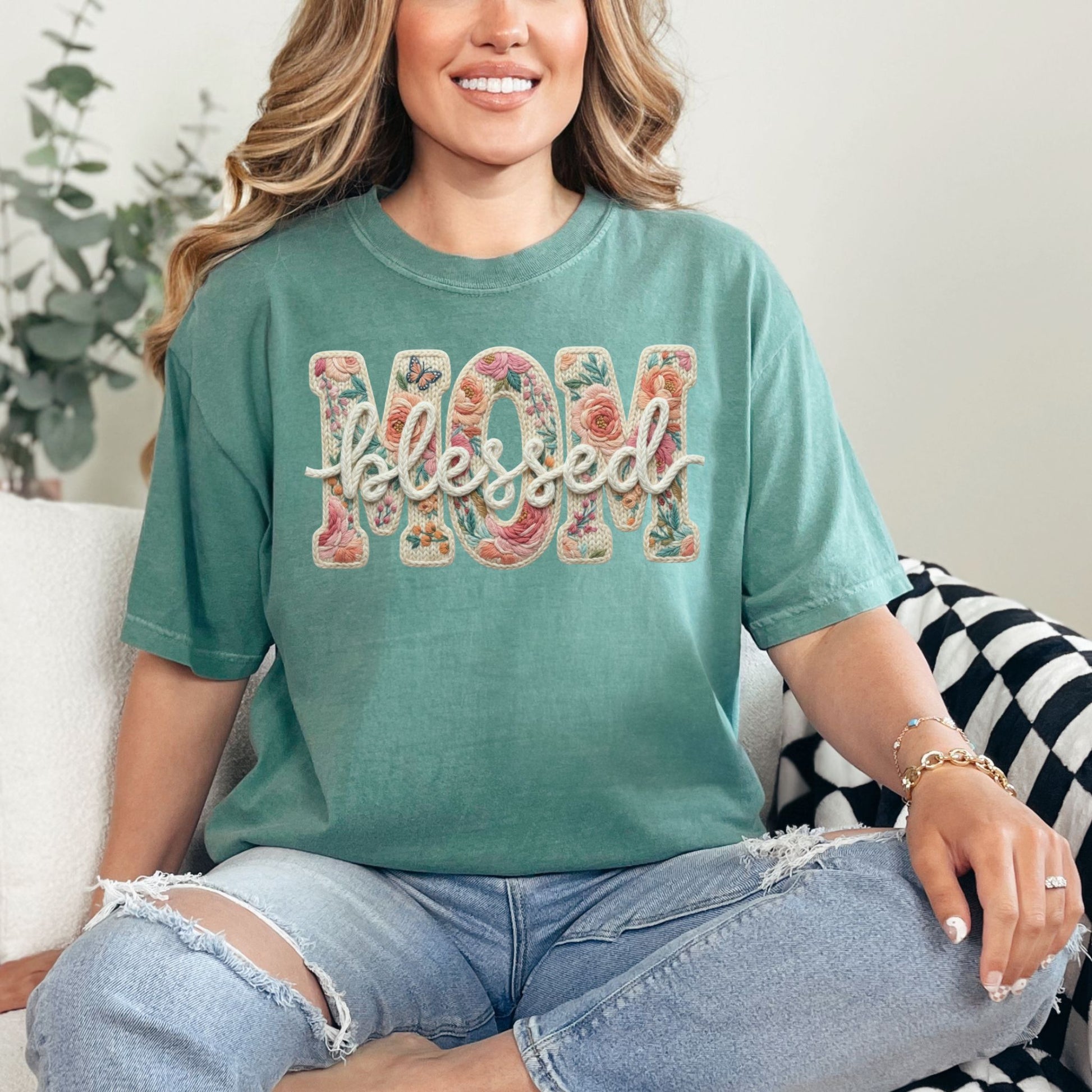 “Blessed Mom" graphic on soft light green (light green) t-shirt.