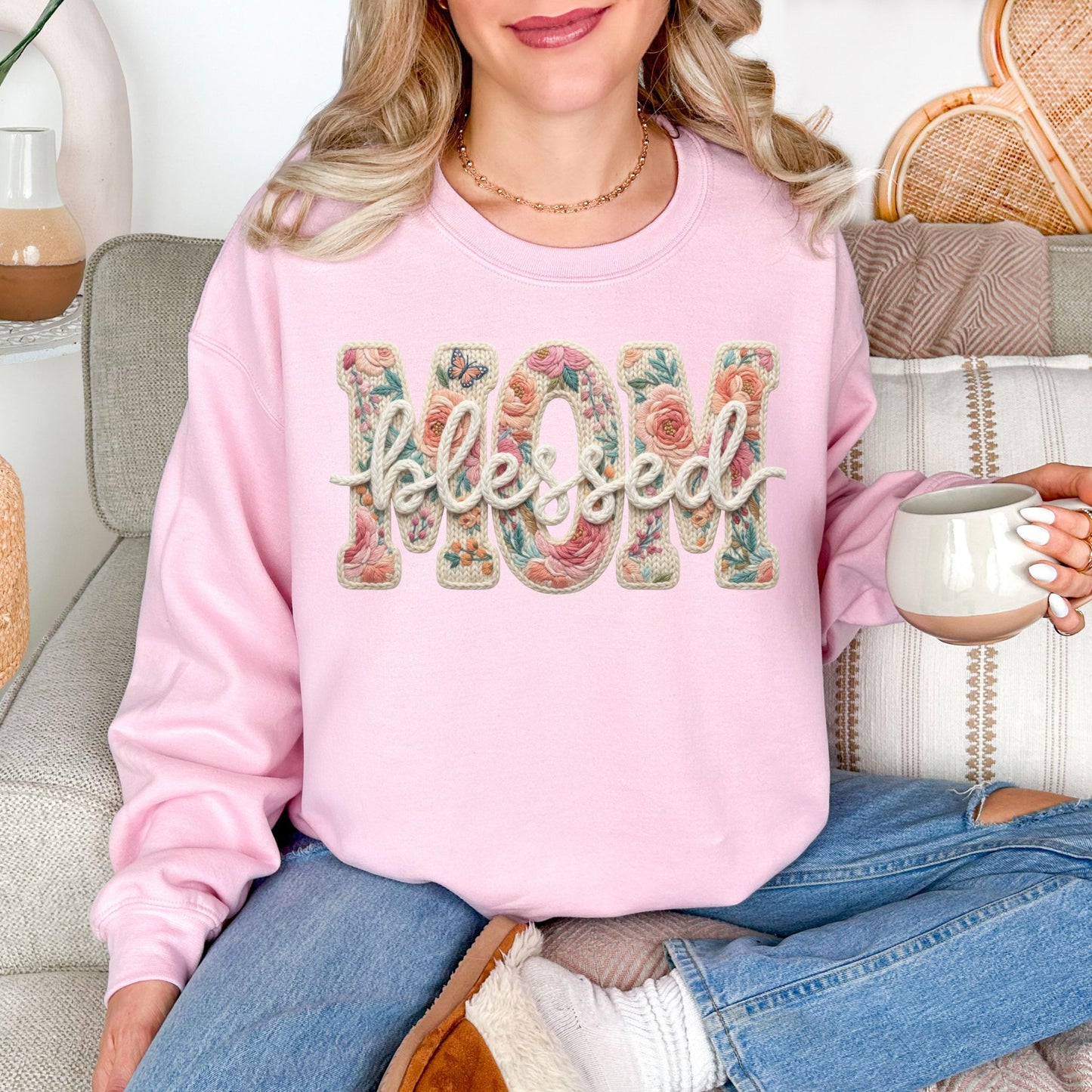 “Blessed Mom" graphic on soft pale pink (light pink) sweatshirt.