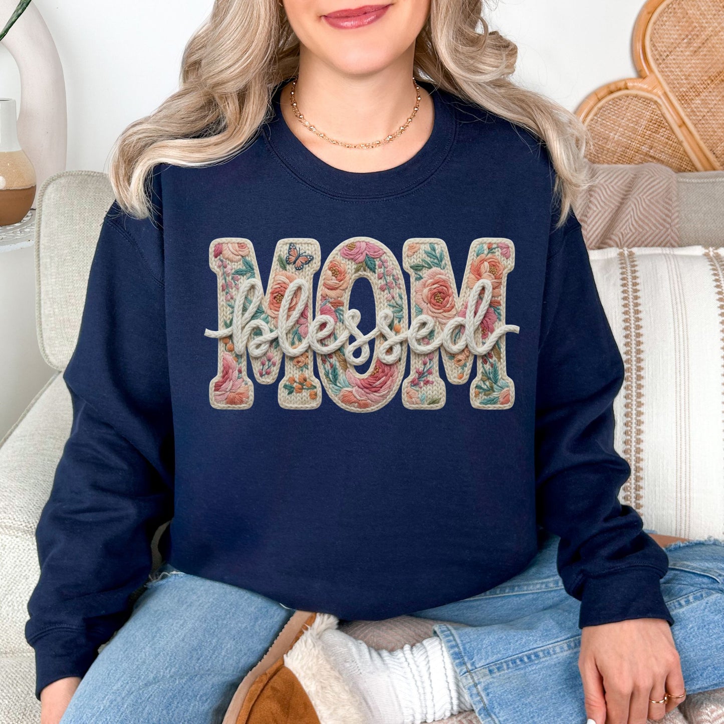 “Blessed Mom" graphic on dark blue (navy) sweatshirt.