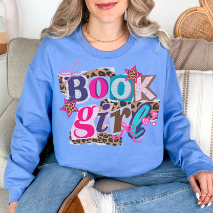 "Book Girl" graphic on soft sky blue (carolina blue) Sweatshirt.