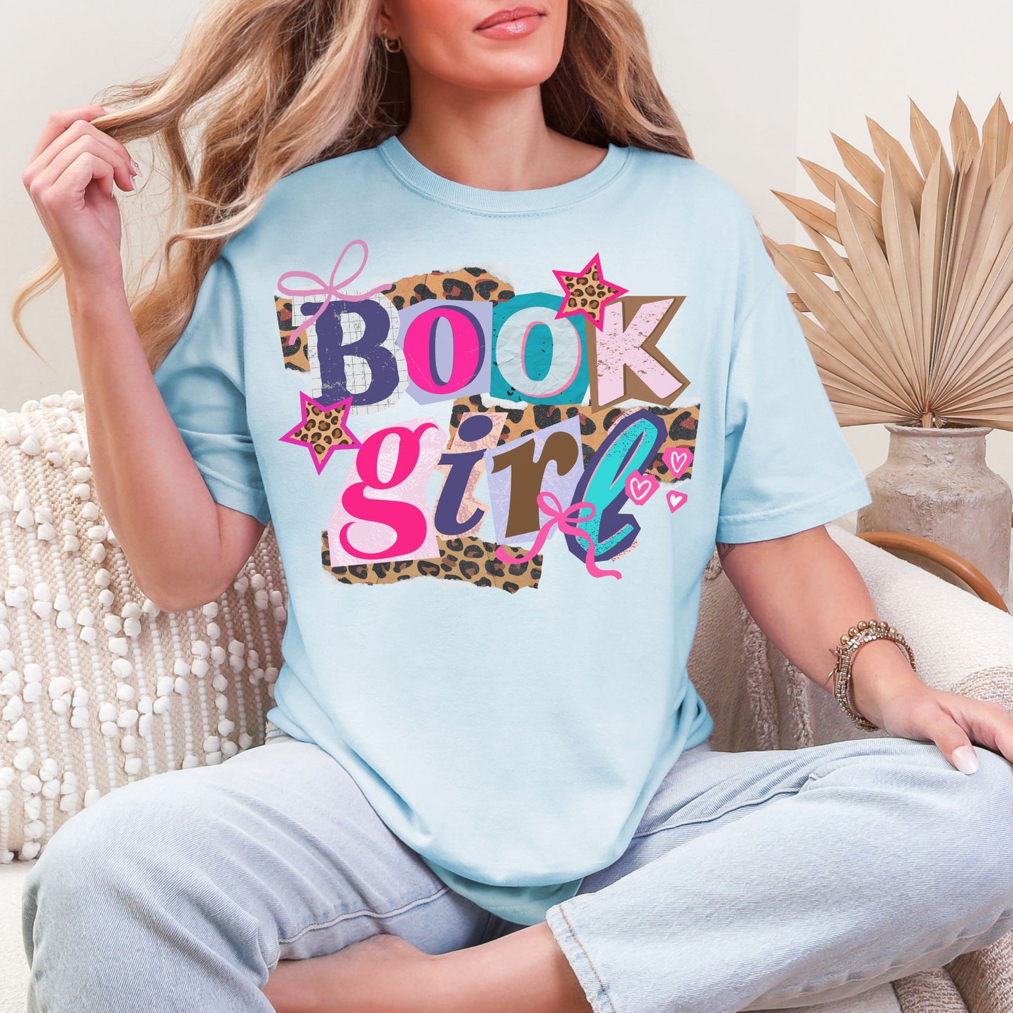 "Book Girl" collage graphic in soft medium blue (chambray) T-shirt