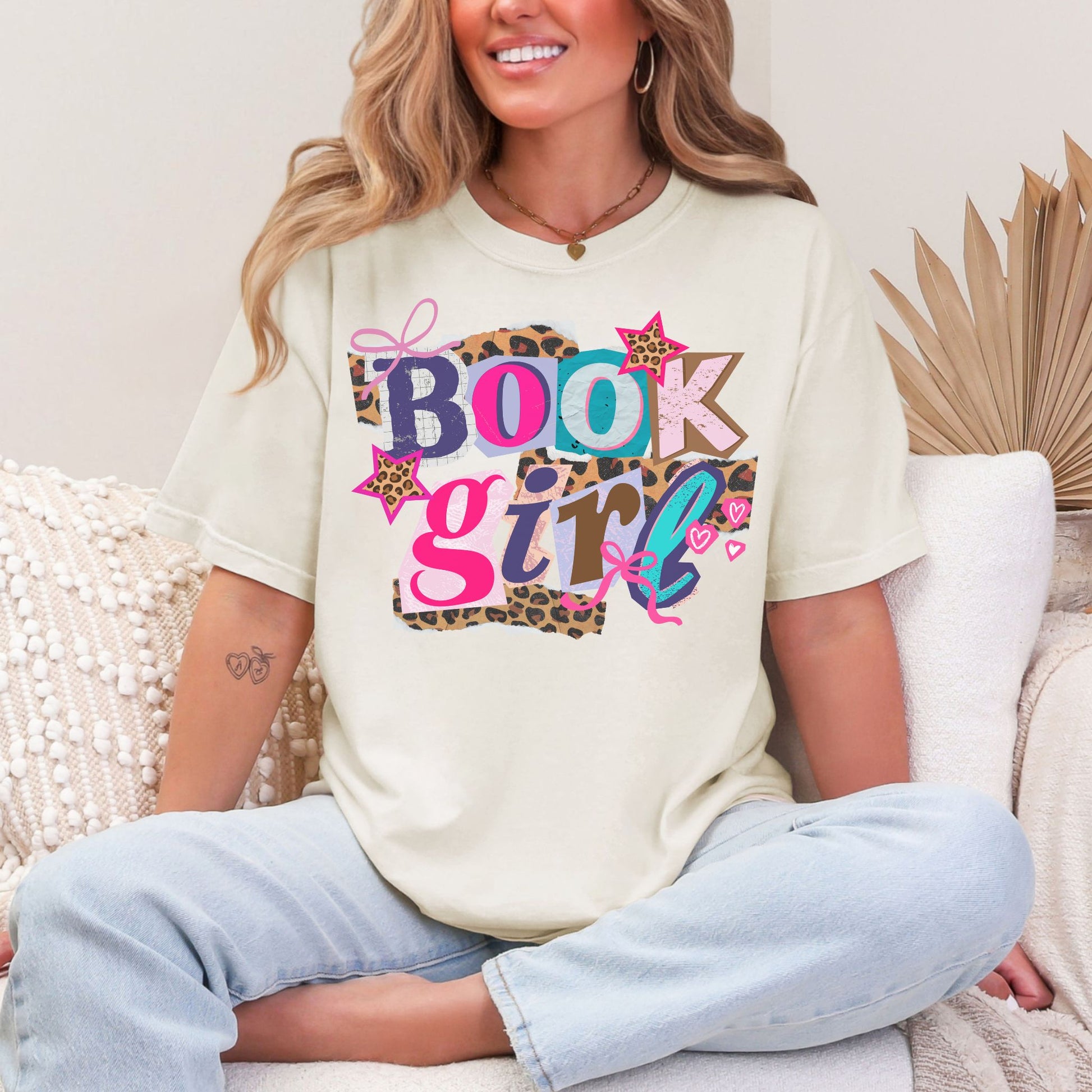 "Book Girl" collage graphic in soft off -white (Ivory) T-shirt