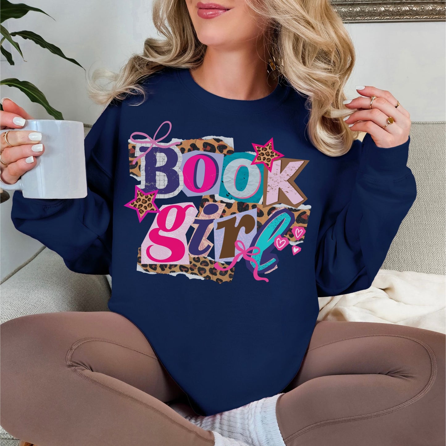 "Book Girl" graphic on deep navy blue (navy) Sweatshirt.