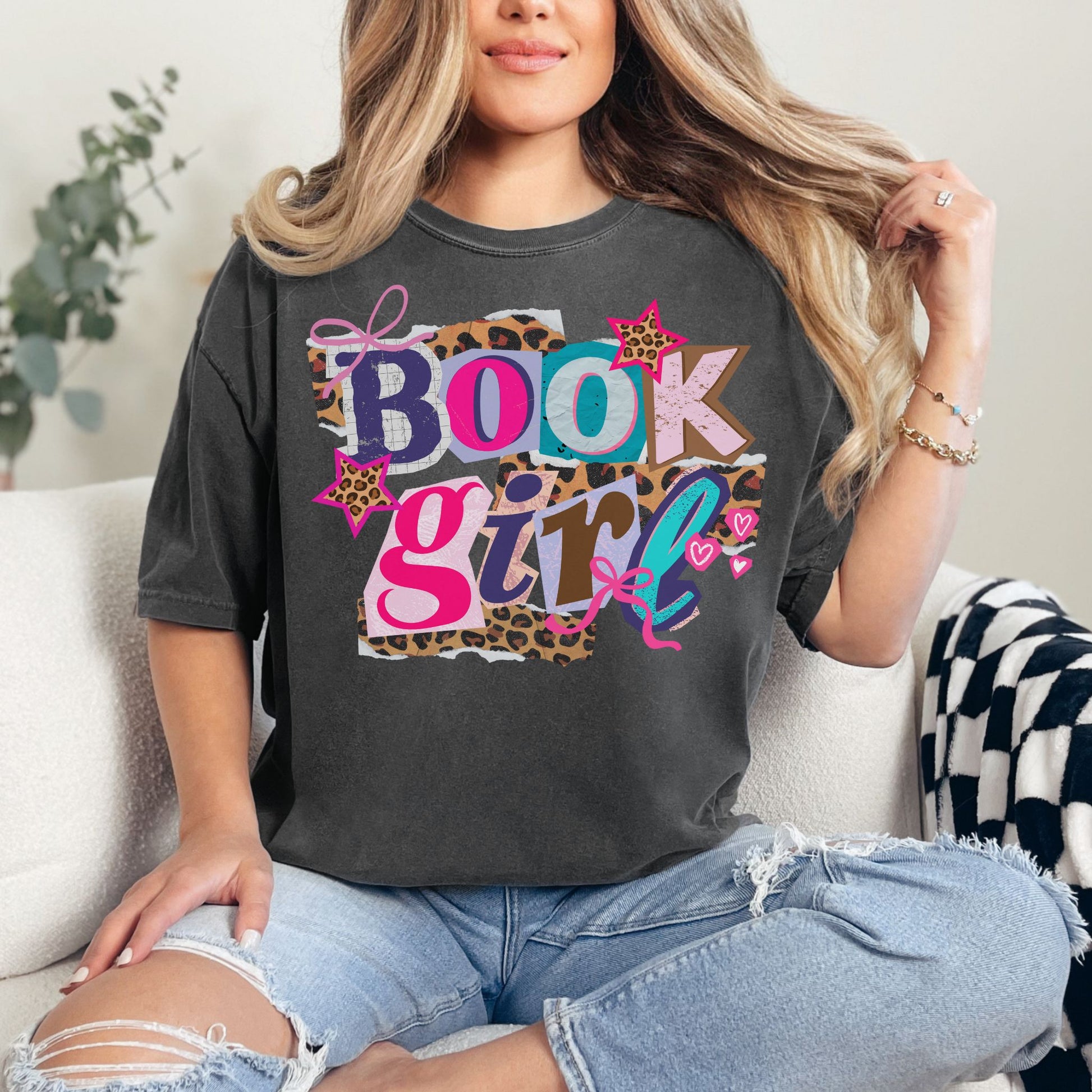 "Book Girl" collage graphic in dark charcoal gray (pepper) T-shirt