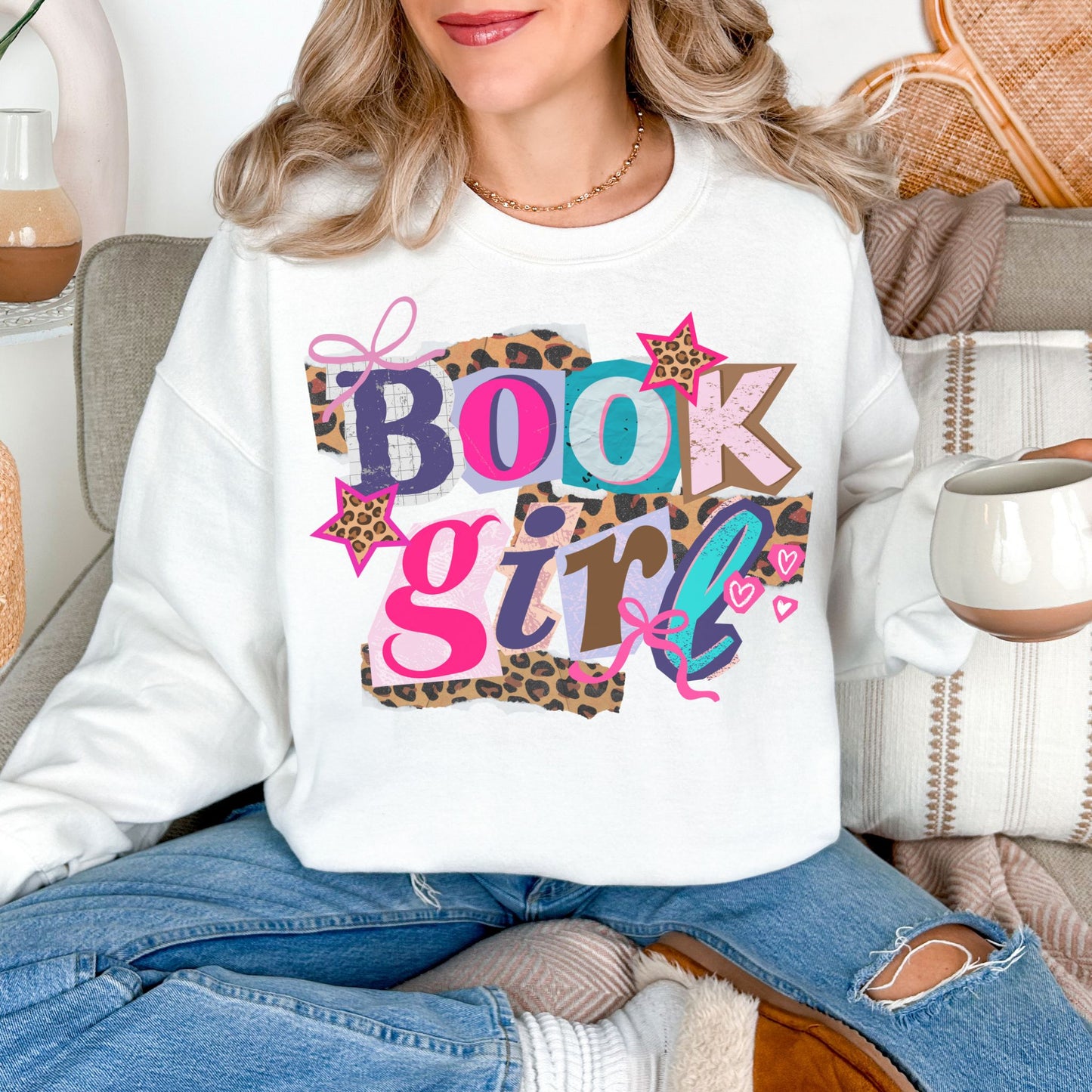 "Book Girl" graphic on bright white (white) Sweatshirt.