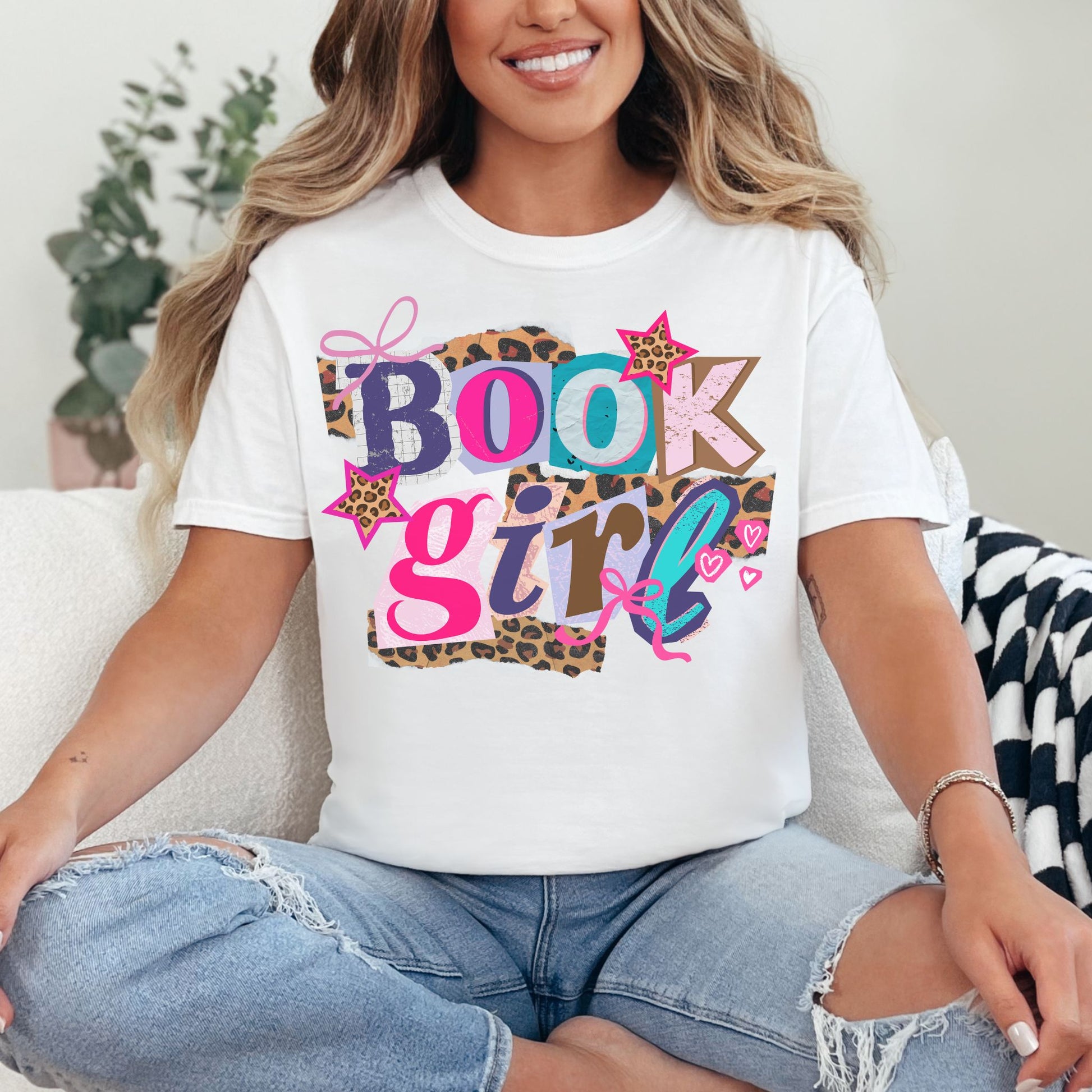 "Book Girl" collage graphic in bright white (white) T-shirt