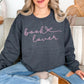 "Book Lover" graphic on medium-dark heather gray (dark heather) sweatshirt.