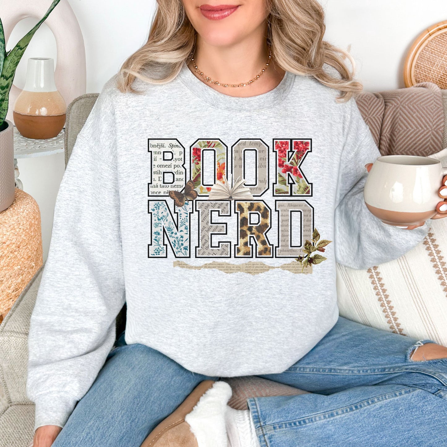 "Book Nerd" graphic on very light gray (ash) Sweatshirt