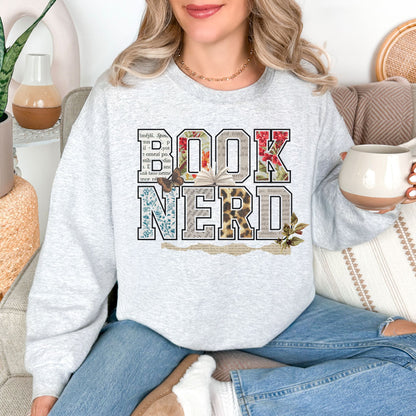 "Book Nerd" graphic on very light gray (ash) Sweatshirt