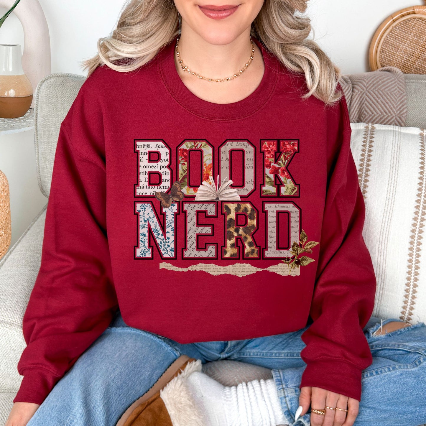 "Book Nerd" graphic on deep rich red (cardinal red) Sweatshirt