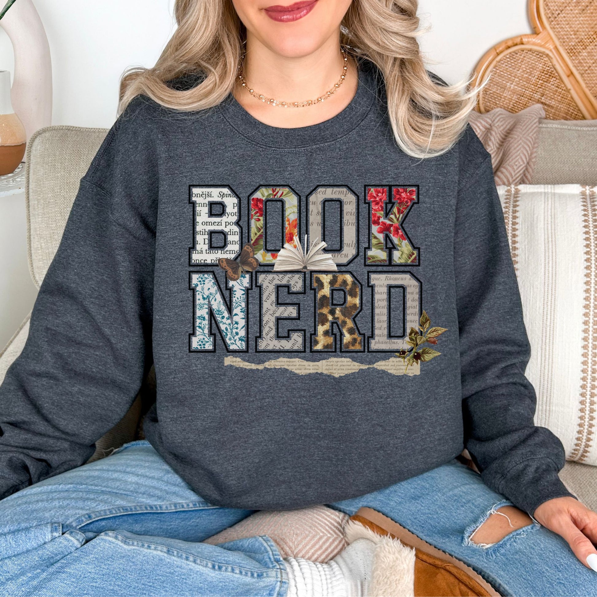 "Book Nerd" graphic on medium-dark heather gray (dark heather) Sweatshirt
