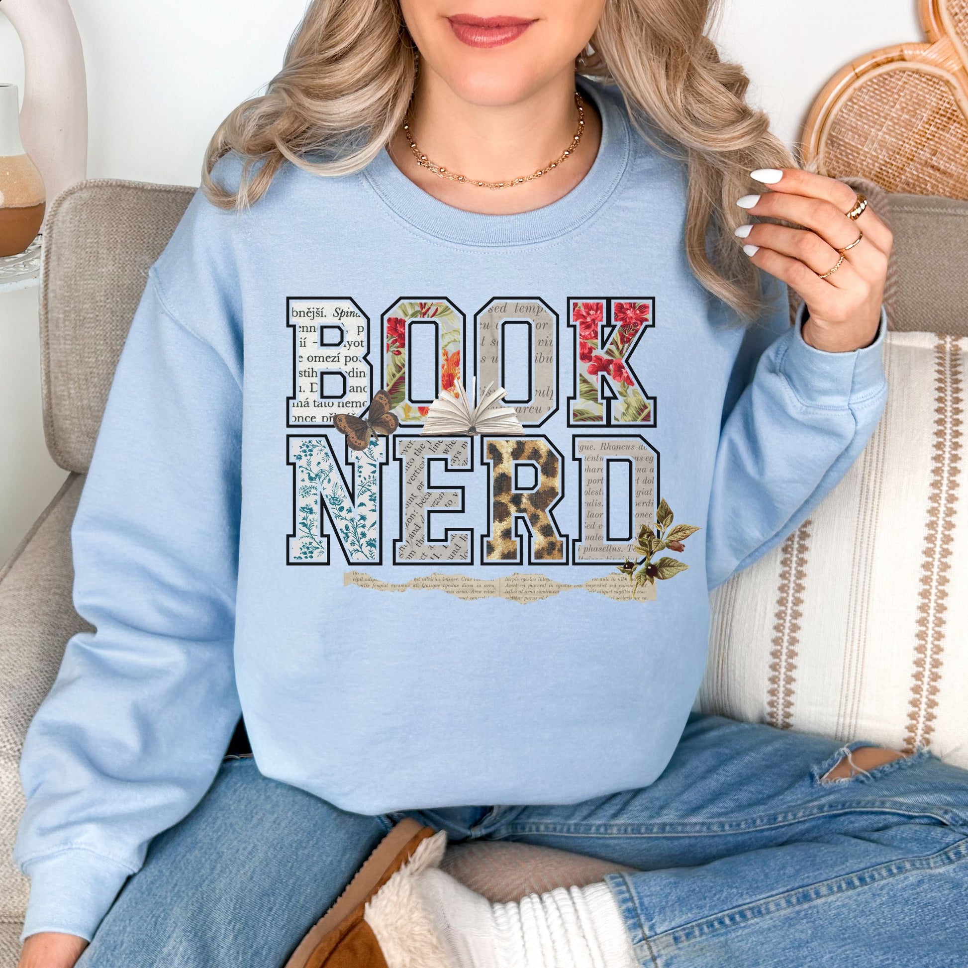 "Book Nerd" graphic on pale soft blue (light blue) Sweatshirt