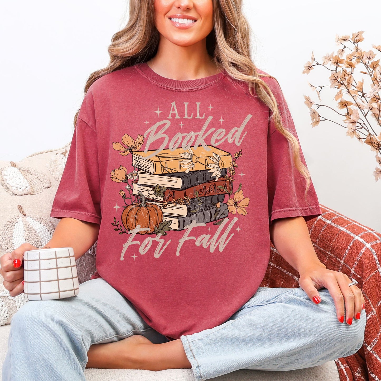 "All Booked for Fall" graphic on soft muted warm brick red (brick) Comfort Colors 1717 T-Shirt. 