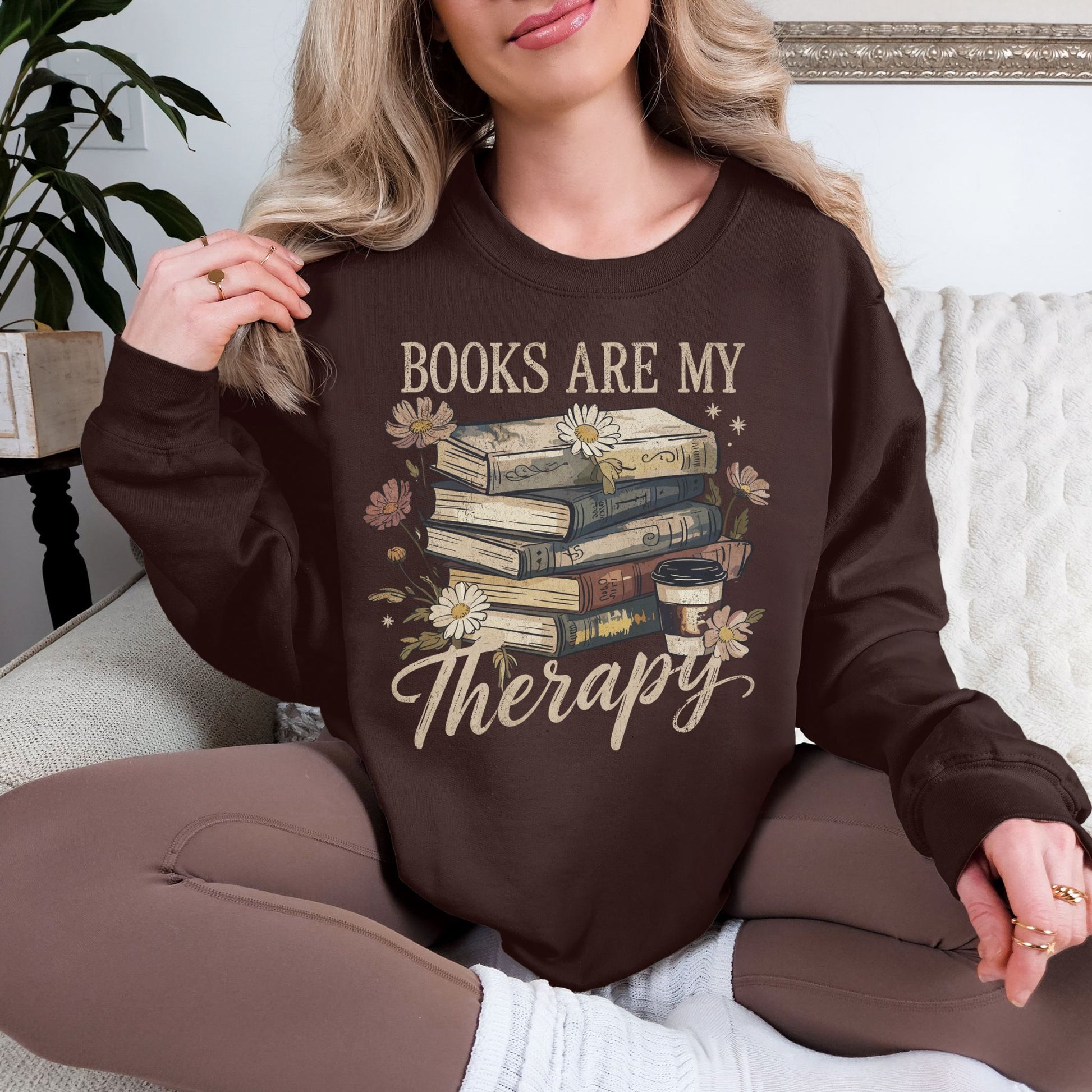 “Books are my therapy" graphic on deep dark brown (dark chocolate) Sweatshirt