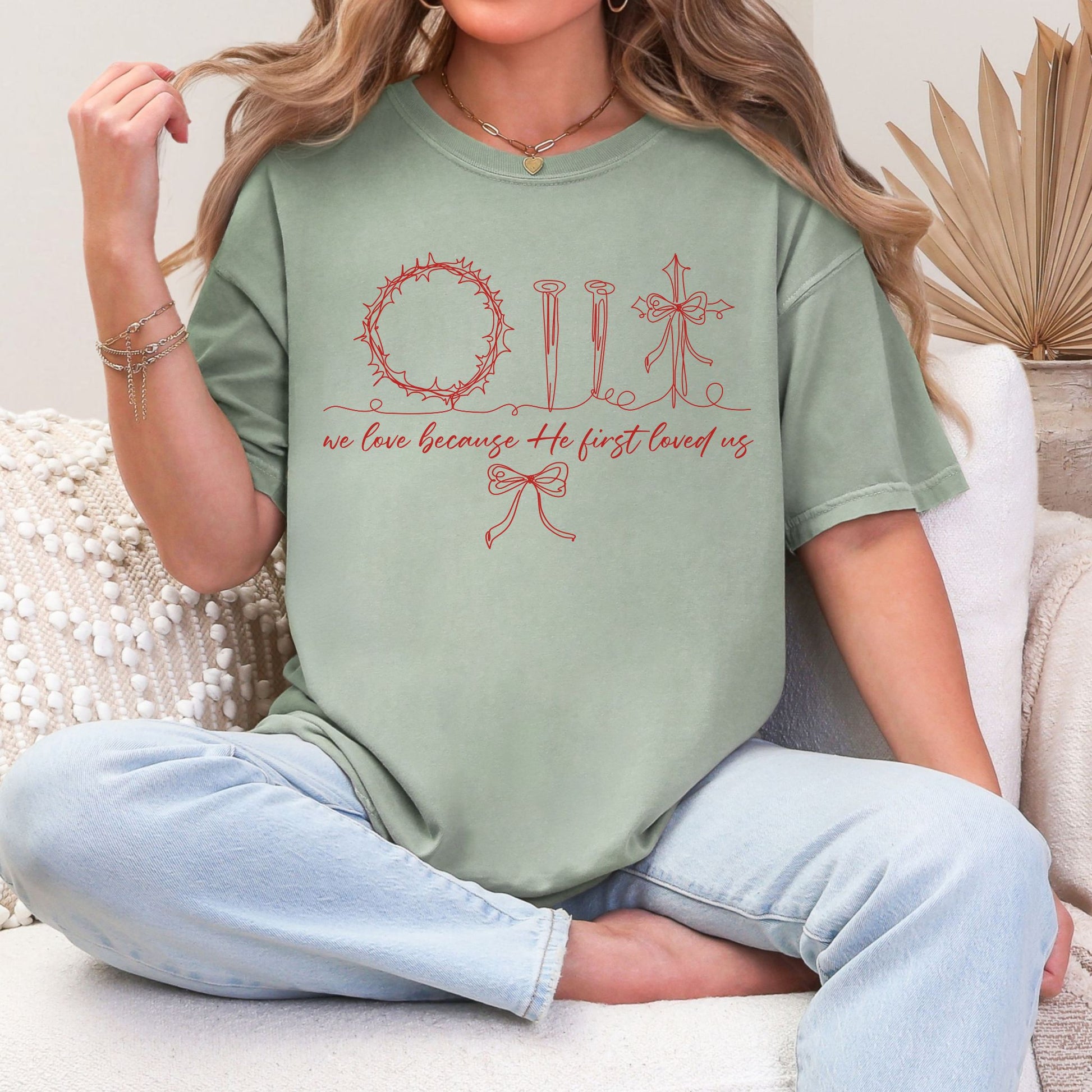 "Christian Easter Doodle" graphic on color muted teal-green (bay) T-Shirt.