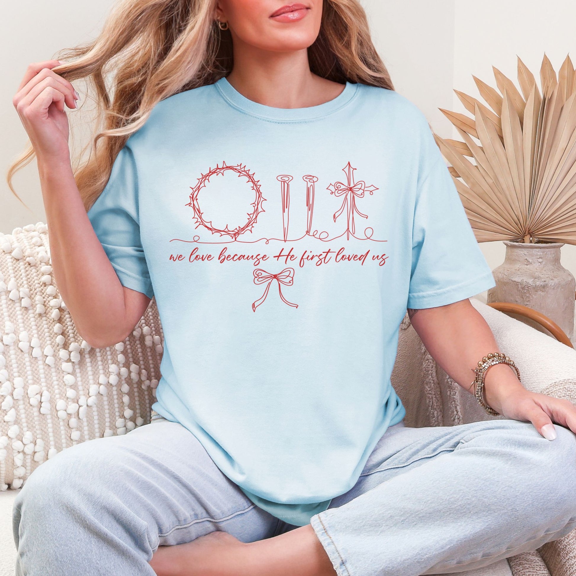 "Christian Easter Doodle" graphic on soft medium blue (chambray) T-Shirt.