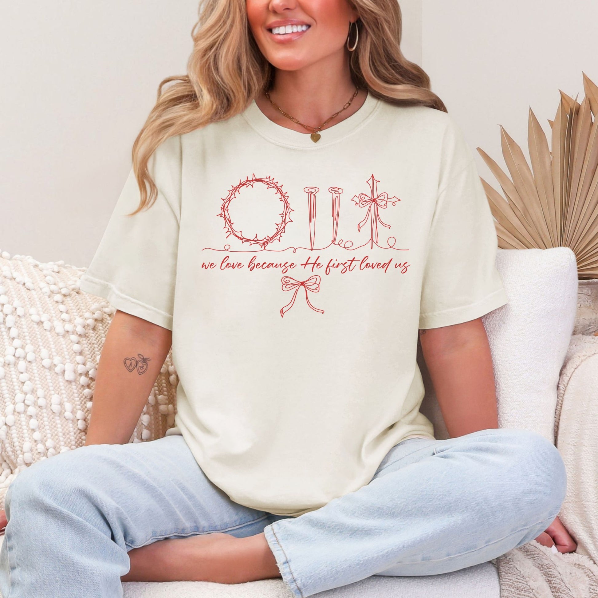 "Christian Easter Doodle" graphic on soft off-white (ivory) T-Shirt.