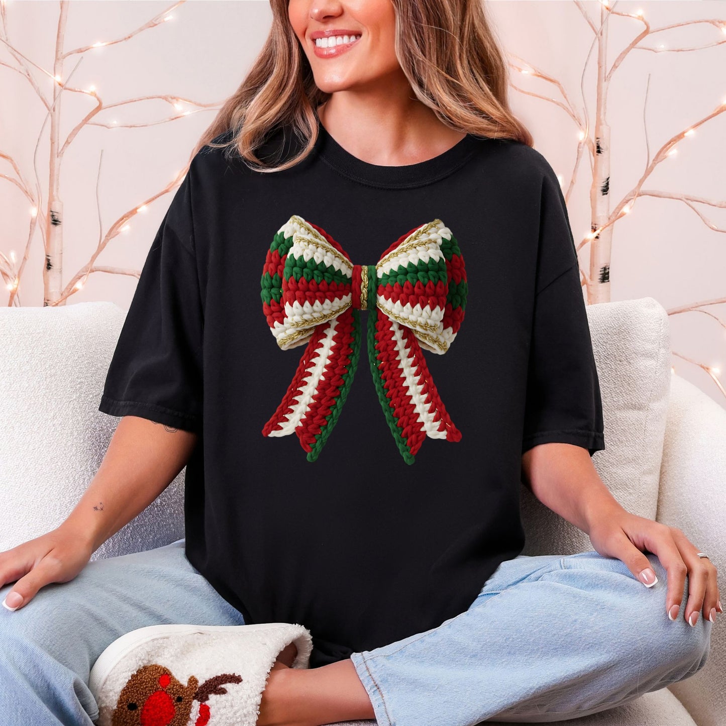 "Christmas Faux Crochet Bow" Design graphic on a black t-shirt.