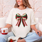 "Christmas Faux Crochet Bow" Design graphic on soft off-white (ivory) t-shirt.