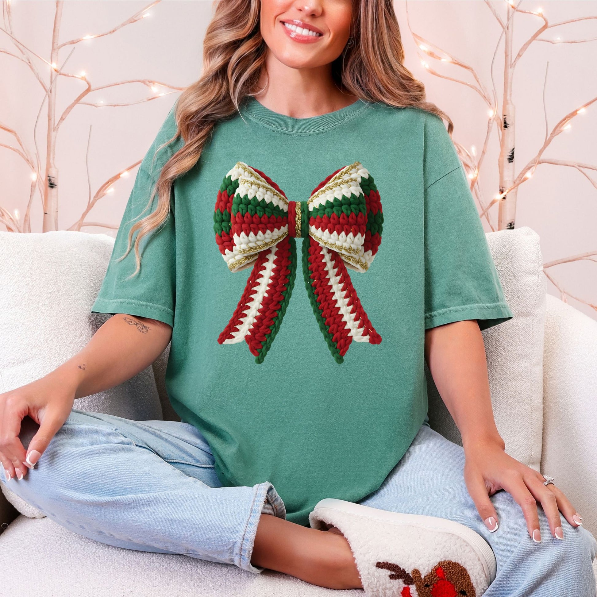 "Christmas Faux Crochet Bow" Design graphic on soft light green (light green) t-shirt.