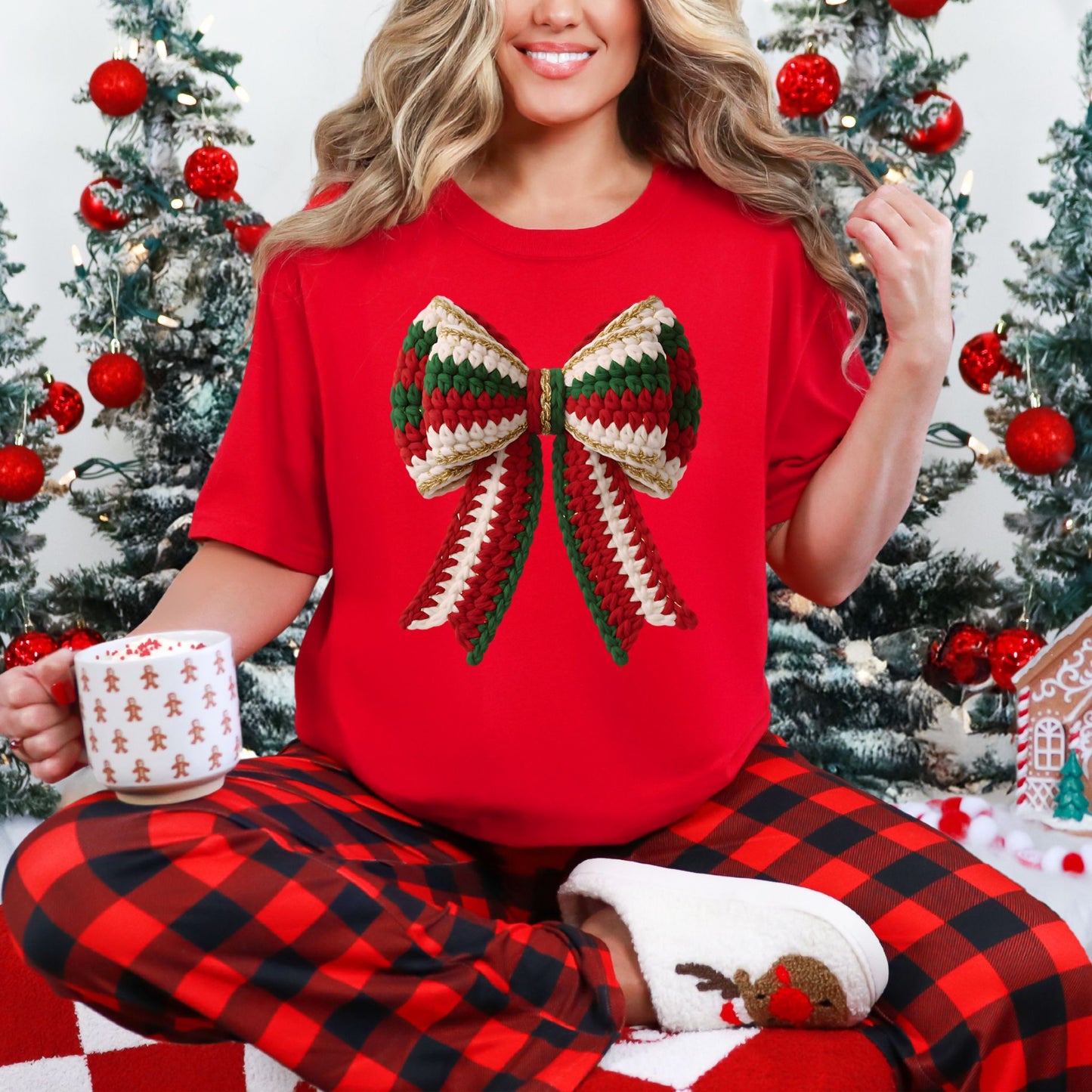 "Christmas Faux Crochet Bow" Design graphic on classic true red (red) t-shirt.
