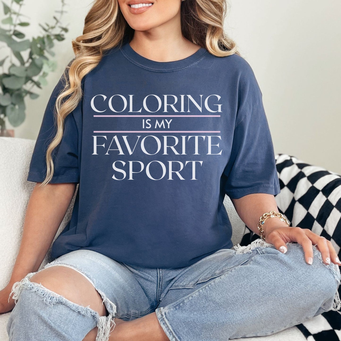 "Coloring is my favorite sport" graphic on deep navy blue (navy) T shirt. 