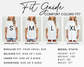 Fit guide for Comfort Colors 1717 t-shirt showing four sizes worn by a model: small with regular fit, medium with relaxed fit, large with loose fit, and extra-large with oversized fit. Text explains regular fit is true to size, relaxed fit is one size up, loose fit is two sizes up, and oversized fit is three sizes up. Model stats shown are height 5 foot 5 inches, weight 130 pounds, bust 36 inches, and waist 27 inches.