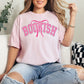 "Coquette Bookish" graphic on soft pink (blossom) t-shirt.