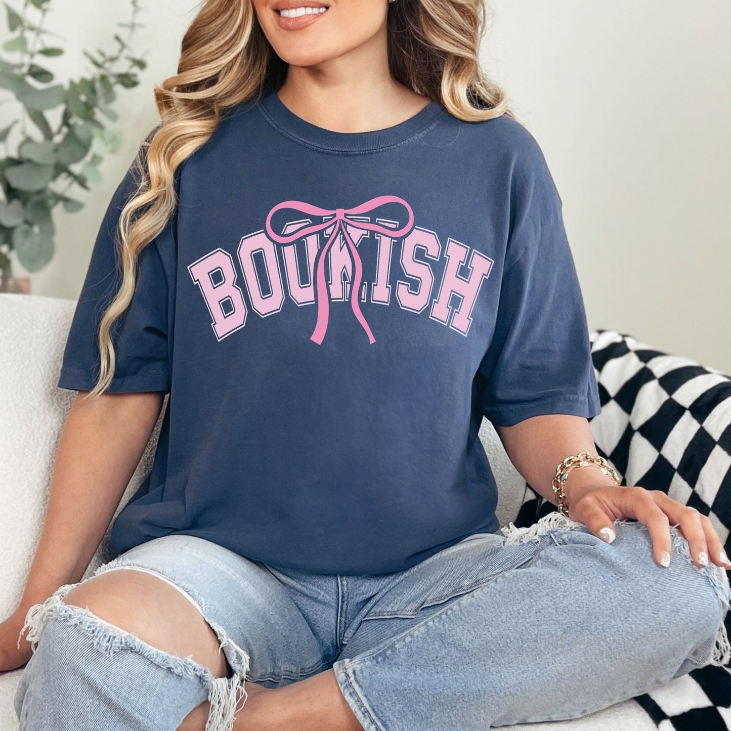 "Coquette Bookish" graphic on deep navy blue (navy) t-shirt.