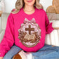 "Coquette Faux Embroidery Bible and Cross" graphic on bright pink (heliconia) Sweatshirt