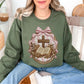 "Coquette Faux Embroidery Bible and Cross" graphic on muted olive green (military green) Sweatshirt