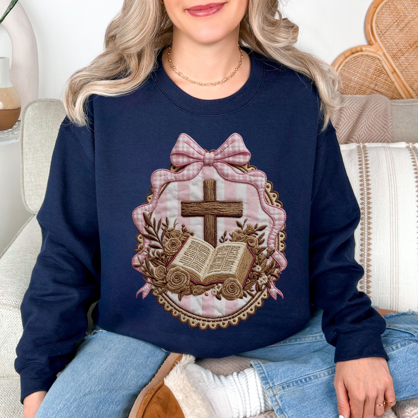 "Coquette Faux Embroidery Bible and Cross" graphic on deep navy blue (navy) Sweatshirt