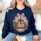 "Coquette Faux Embroidery Bible and Cross" graphic on deep navy blue (navy) Sweatshirt