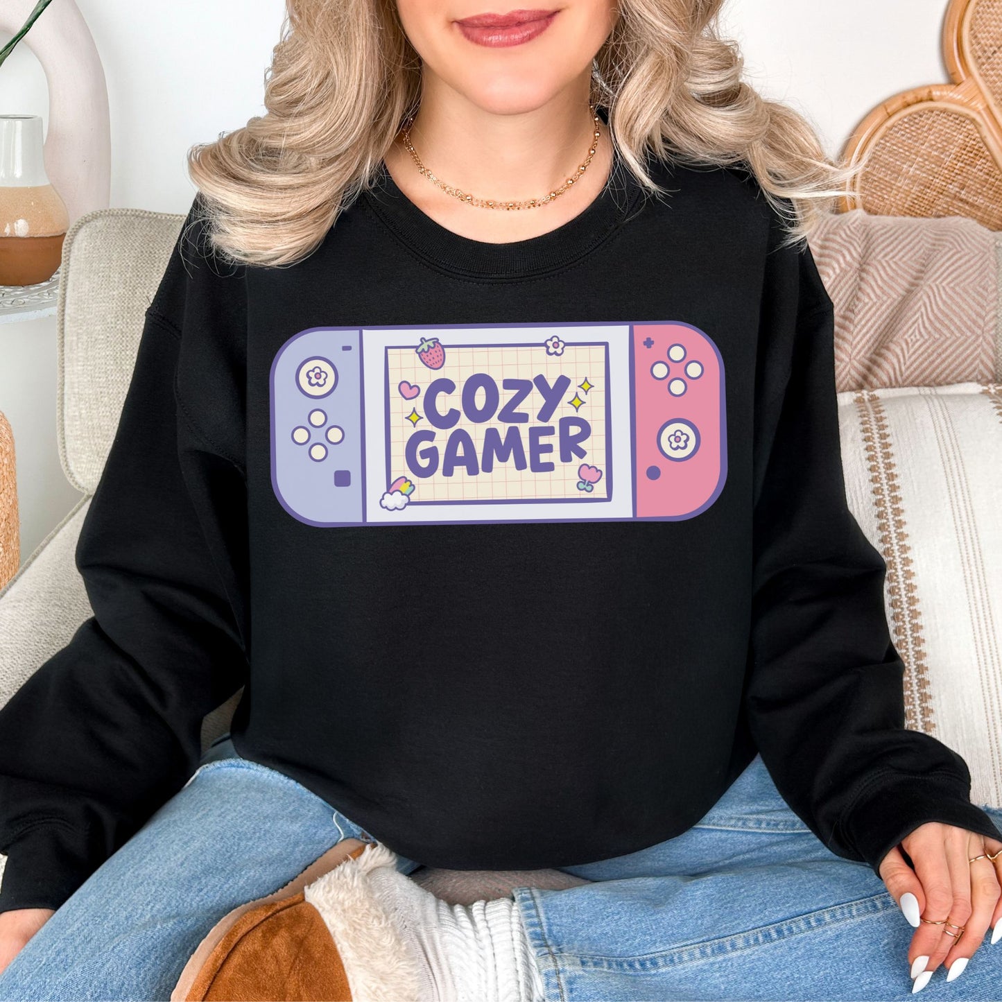 "Cozy Gamer" graphic on deep black (black) Sweatshirt.