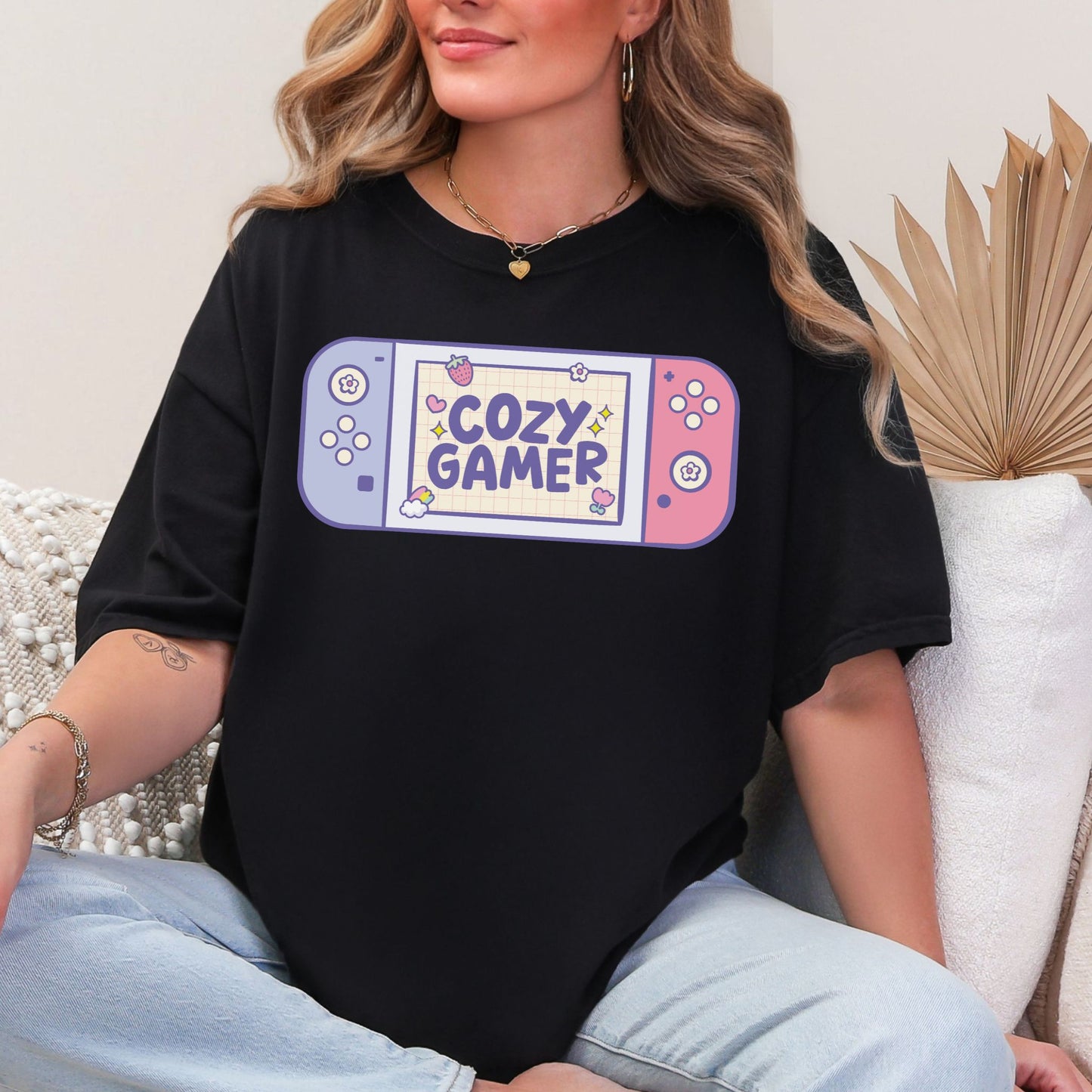 "Cozy Gamer" graphic on a Black T Shirt.
