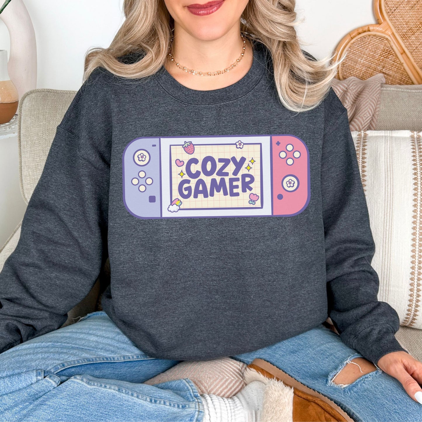 "Cozy Gamer" graphic on medium-dark heather gray (dark heather) Sweatshirt.