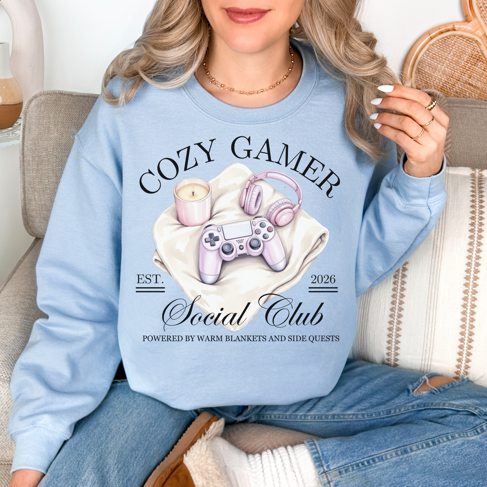 "Cozy gamer social club" graphic on pale soft blue (light blue) Sweatshirt