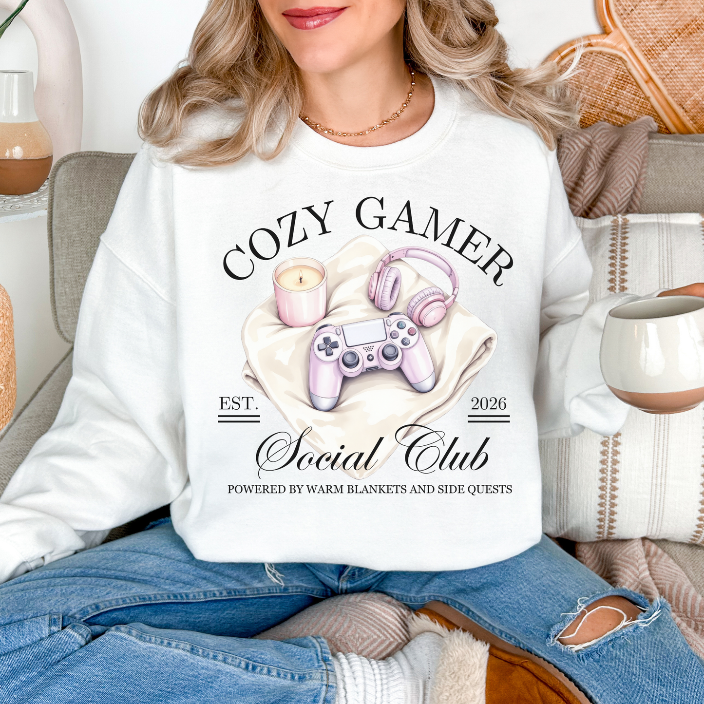 "cozy gamer social club" graphic on clean bright white (white) Sweatshirt