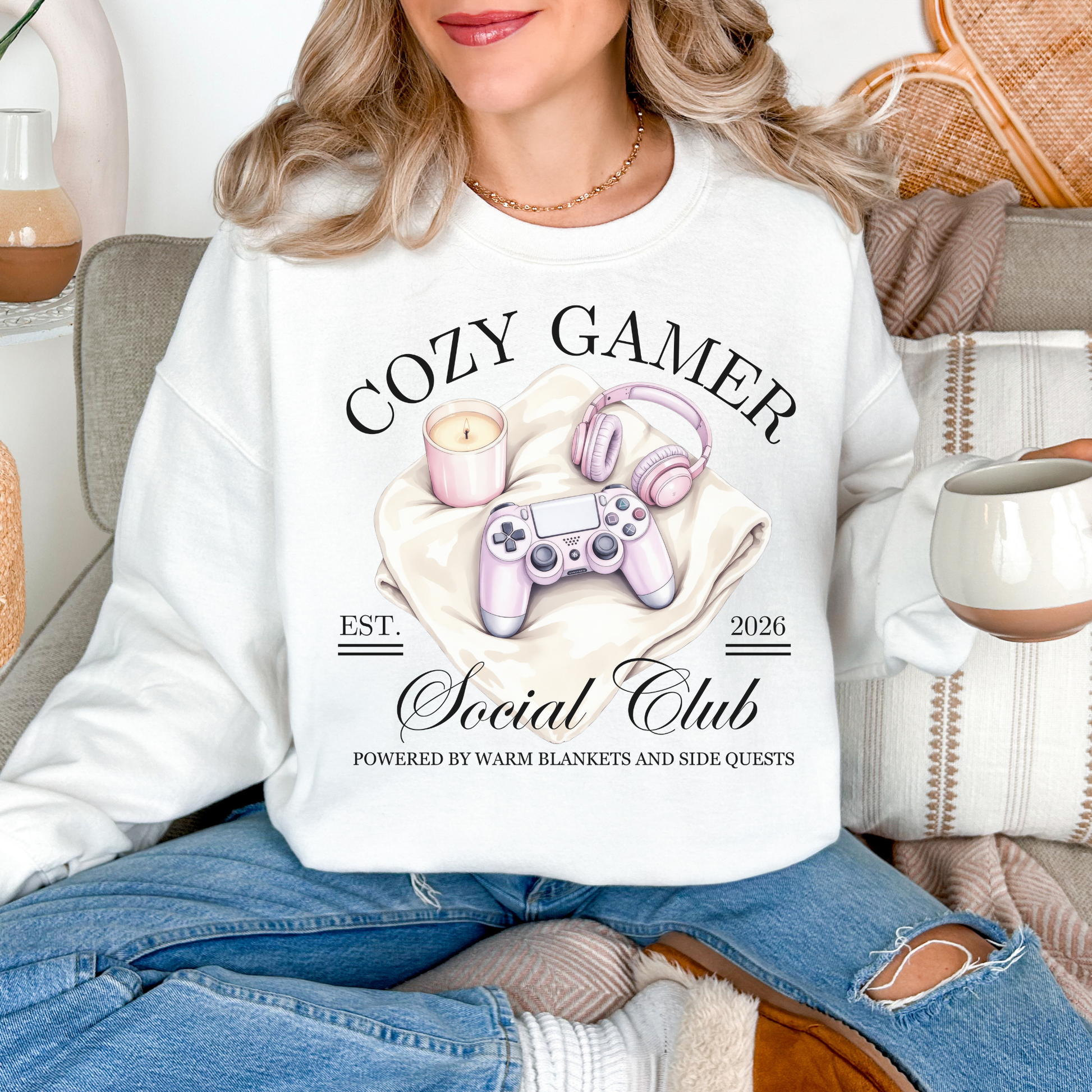 "cozy gamer social club" graphic on clean bright white (white) Sweatshirt